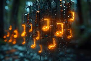 Digital Harmony Futuristic Music Technology with Glowing Notes in a Forest Setting photo