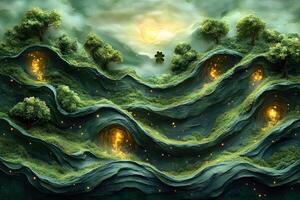 Enchanted Landscapes Surreal Forest Terrain with Glowing Caves and Sunlight photo