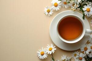 Spring Refreshment Floral Tea Setting with Daisies on Beige Background for Greeting Cards photo