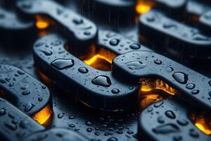 Close-Up of Wet Metallic Chain Links with Warm Backlighting for Abstract Design photo
