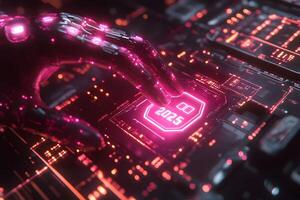 Futuristic Technology Interface with Robotic Hand and Digital Display for High-Tech Innovation Design photo