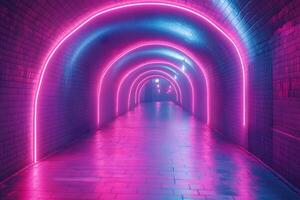 Futuristic Neon Tunnel with Vibrant Pink and Purple Glow for Modern Design Concepts photo