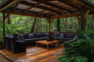 Cozy Outdoor Pavilion with Wooden Deck and Comfortable Seating in Forest Setting photo