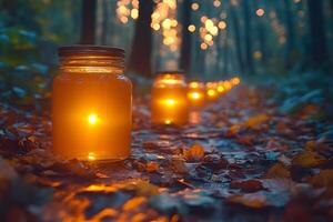Enchanted Forest Pathway with Illuminated Mason Jars at Dusk photo