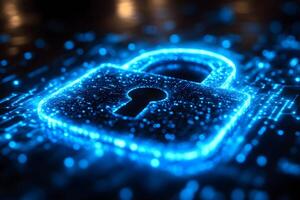 Futuristic Cybersecurity Concept with Glowing Digital Lock on Circuit Board photo