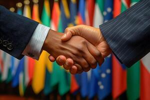 Multicultural Business Handshake Against World Flags Background for International Cooperation Theme photo