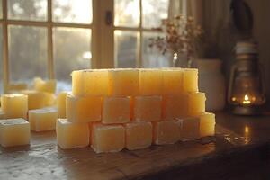 Homemade Soap Blocks in Sunlit Rustic Setting for Natural Skincare Themes photo
