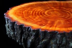 Close-Up of Tree Ring Patterns on a Cross-Section with Detailed Bark Texture photo