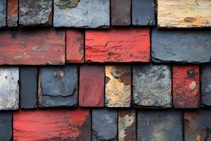 Rustic Textured Slate Roof Tiles in Weathered Red and Gray Tones for Architectural Design photo