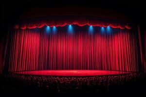 Dramatic Red Theater Curtain Illuminated on Stage for Performance, Film, or Event Design photo