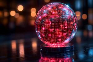 Futuristic Digital Sphere Illuminating with Red Binary Code for Technology Design photo