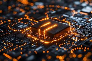 Futuristic Microchip on Circuit Board with Glowing Orange Lights for Technology Design photo