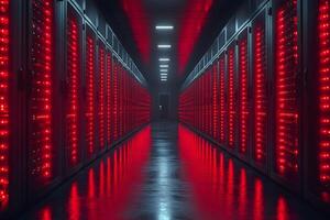 Futuristic Data Center Corridor with Red LED Lights for Technology and Information Systems photo
