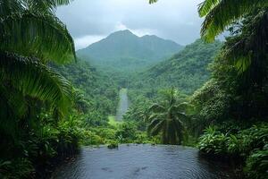 Lush Tropical Mountain Landscape with Rainforest and Tranquil Pool for Nature Photography photo