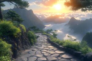 Serene Mountain Pathway at Sunrise with Lush Greenery and Mystical Clouds photo