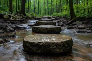 Tranquil Forest Pathway with Stepping Stones in Serene Woodland Stream photo