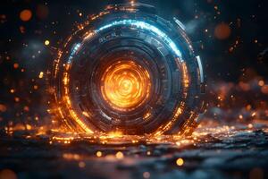 Futuristic Glowing Orb with Fiery Sparks in a Sci-Fi Setting for Digital or Print Design photo