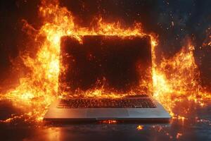 Explosive Tech Issues Laptop Engulfed in Flames, Symbolizing Data Risk and Security Threats photo