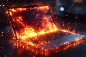 Fiery Laptop Display Concept for Technology Overload or Data Breach Themes photo