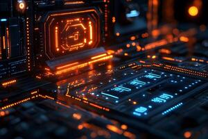 Futuristic Digital Circuit Board with Glowing Orange and Blue Elements for Technology Design photo