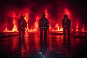 Heroic Firefighters Battling Intense Flames in Nighttime Emergency Response Scene photo