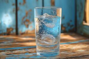 Glass of Refreshing Sparkling Water on Rustic Wooden Table photo