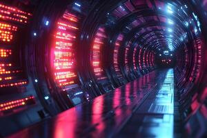 Futuristic Sci-Fi Tunnel with Glowing Red and Blue Lights - Cyberpunk Environment for Virtual Reality Design photo
