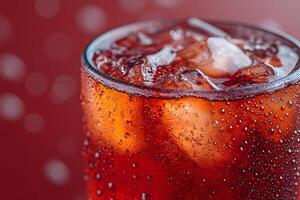 Refreshing Iced Beverage with Bubbles Against Vibrant Red Background photo