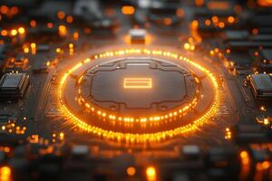 Futuristic Cyber Technology Circuit Board with Glowing Orange LED Lights for Innovative Design photo
