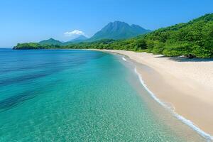 Tranquil Tropical Beach with Lush Greenery and Mountain Views photo