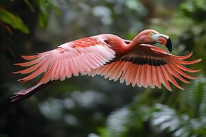 Graceful Flamingo in Flight Over Lush Greenery - Nature Photography for Wildlife Enthusiasts photo