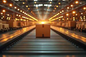 Automated Warehouse Conveyor System with Cardboard Boxes and Glowing Background photo