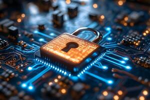 Cybersecurity Concept Locking Digital Data on a Circuit Board for IT Security Design photo