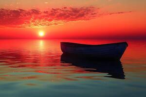 Serene Sunset Over Tranquil Ocean with Lone Boat for Travel Inspiration and Design photo