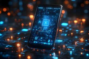 Futuristic Smartphone Interface on Circuit Board Background for Tech Design photo