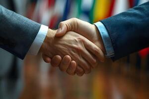 Business Handshake Against International Flags Background for Global Partnership Concept photo