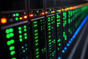 High-Tech Data Center with Server Racks and Glowing LED Indicators for IT Infrastructure photo