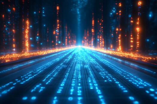 Futuristic Digital Matrix Corridor with Glowing Binary Code for Technology Design photo