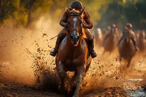 Dynamic Horse Race Action Scene at Sunset Capturing Intense Speed and Competition photo