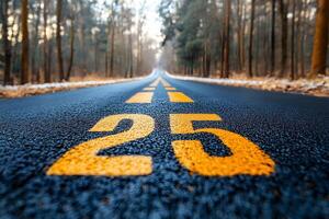 Perspective of Distant Open Road with Yellow 25 Marking in Autumn Forest Setting photo