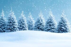 Winter Wonderland Snow-Covered Evergreen Trees Under Falling Snowflakes photo