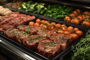 Fresh Produce and High-Quality Cuts in a Grocery Display for Culinary Inspiration photo