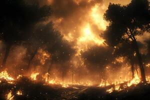 Forest Fire Inferno Dramatic Wildfire with Flames and Smoke in Pine Trees Wilderness photo