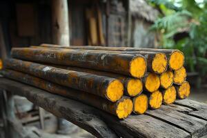 Freshly Harvested Sugarcane Stalks Stacked for Processing in Rustic Agricultural Setting photo