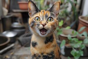 Playful Calico Cat in a Garden Setting for Pet and Nature Themes photo