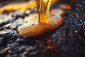 Golden Liquid Flowing onto Dark Surface for Texture and Design Elements photo