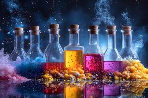 Vibrant Chemistry Experiment with Colorful Steam and Multicolored Smoke in Glass Bottles photo