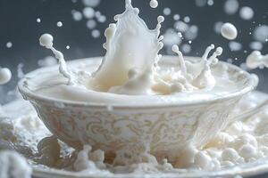 Dynamic Splash of Milk in an Ornate Bowl for Food Art and Design Concepts photo