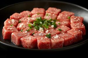 Premium Raw Beef Cubes with Garnish Perfect for Culinary Presentations and Recipe Inspirations photo