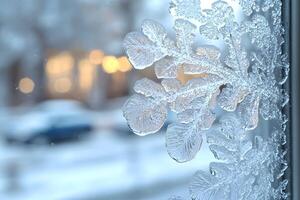 Winter Frost Pattern on Windowpane in a Snowy Urban Setting photo